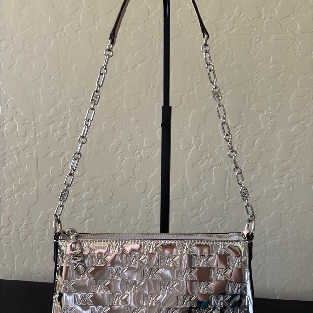 NWT Michael Kors Empire Medium Chain Pouchette Mirror Silver - Picture 6 of 11